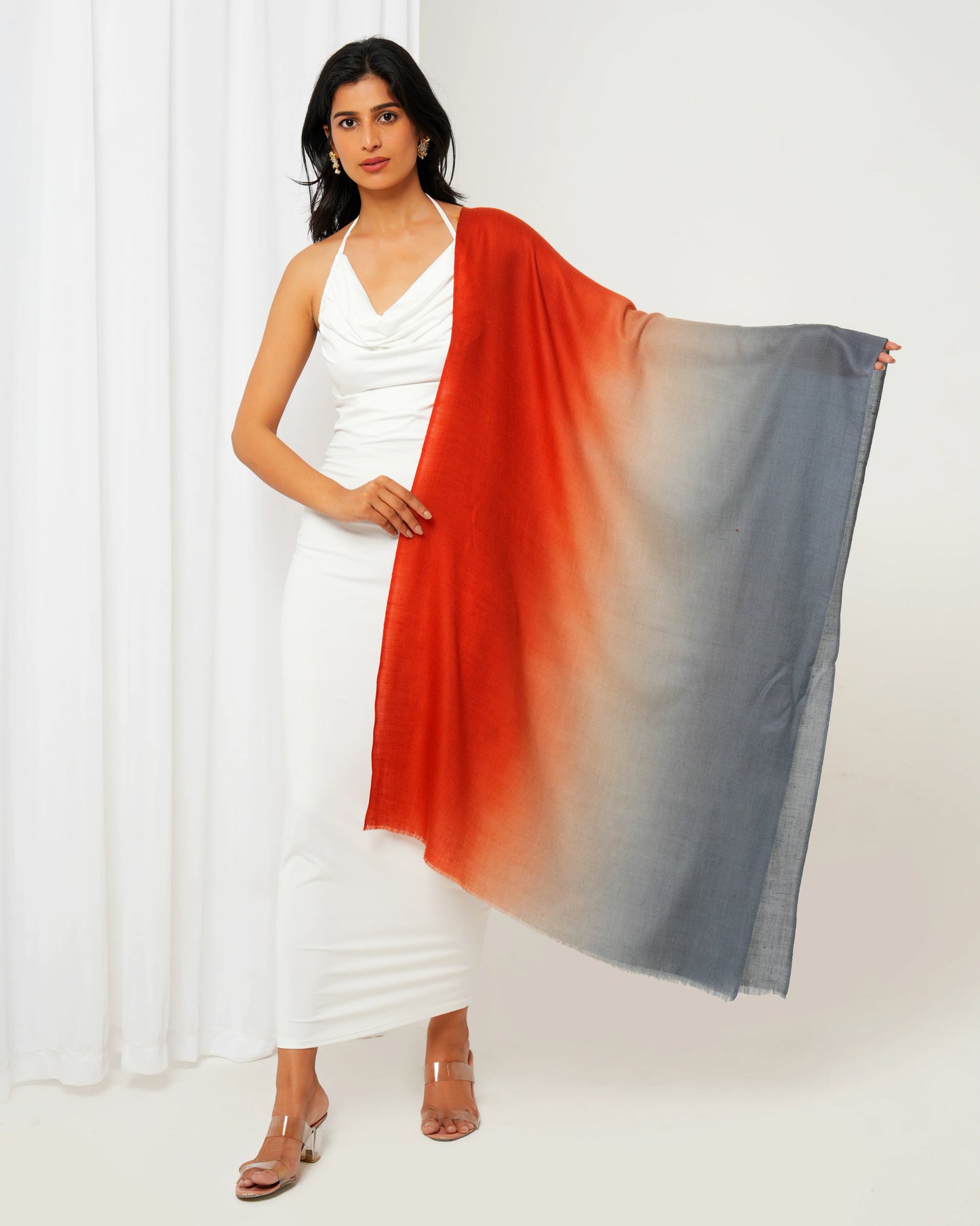 Cashmere stole in red, cream, and grey