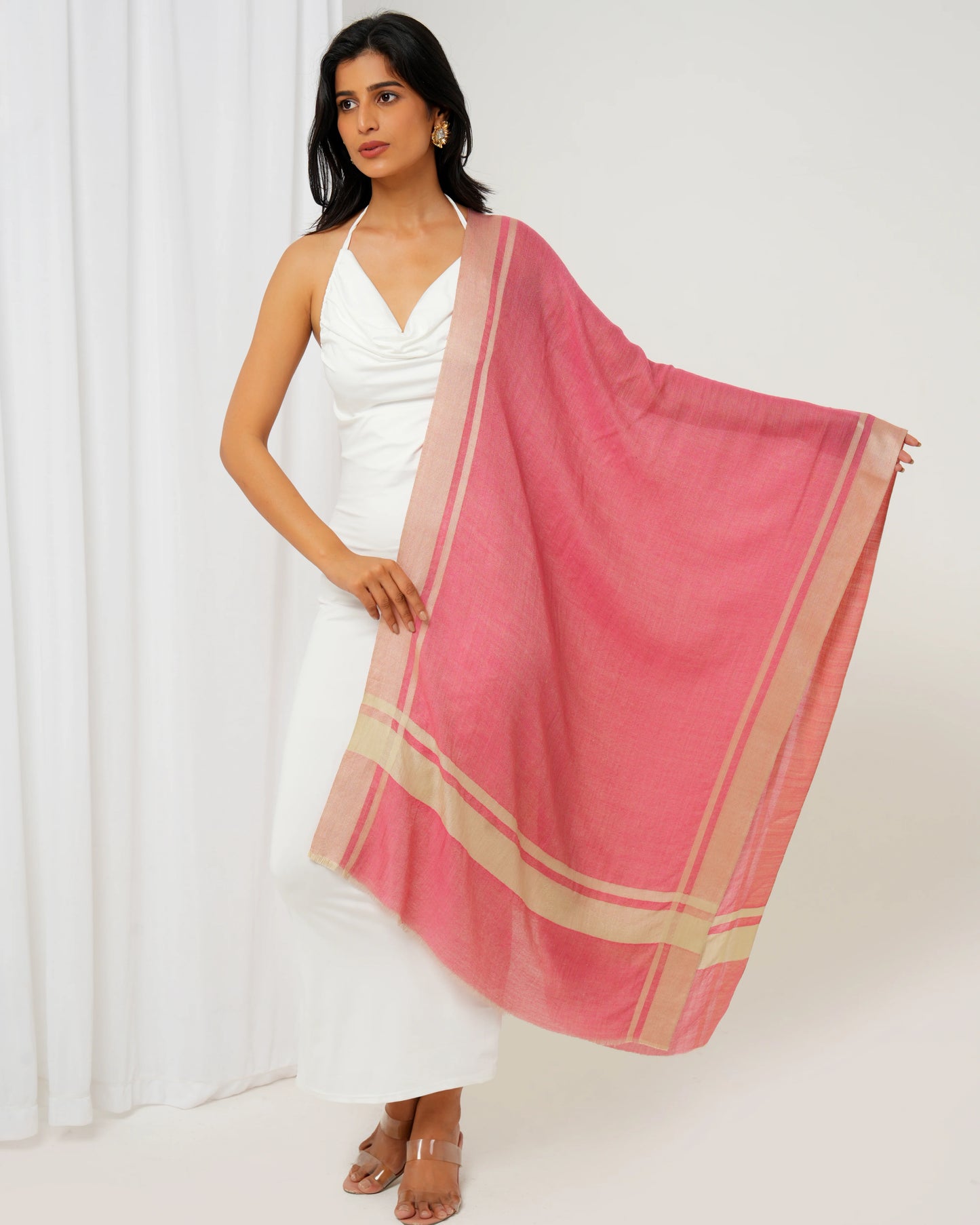 Cashmere stole in magenta with striped cream borders