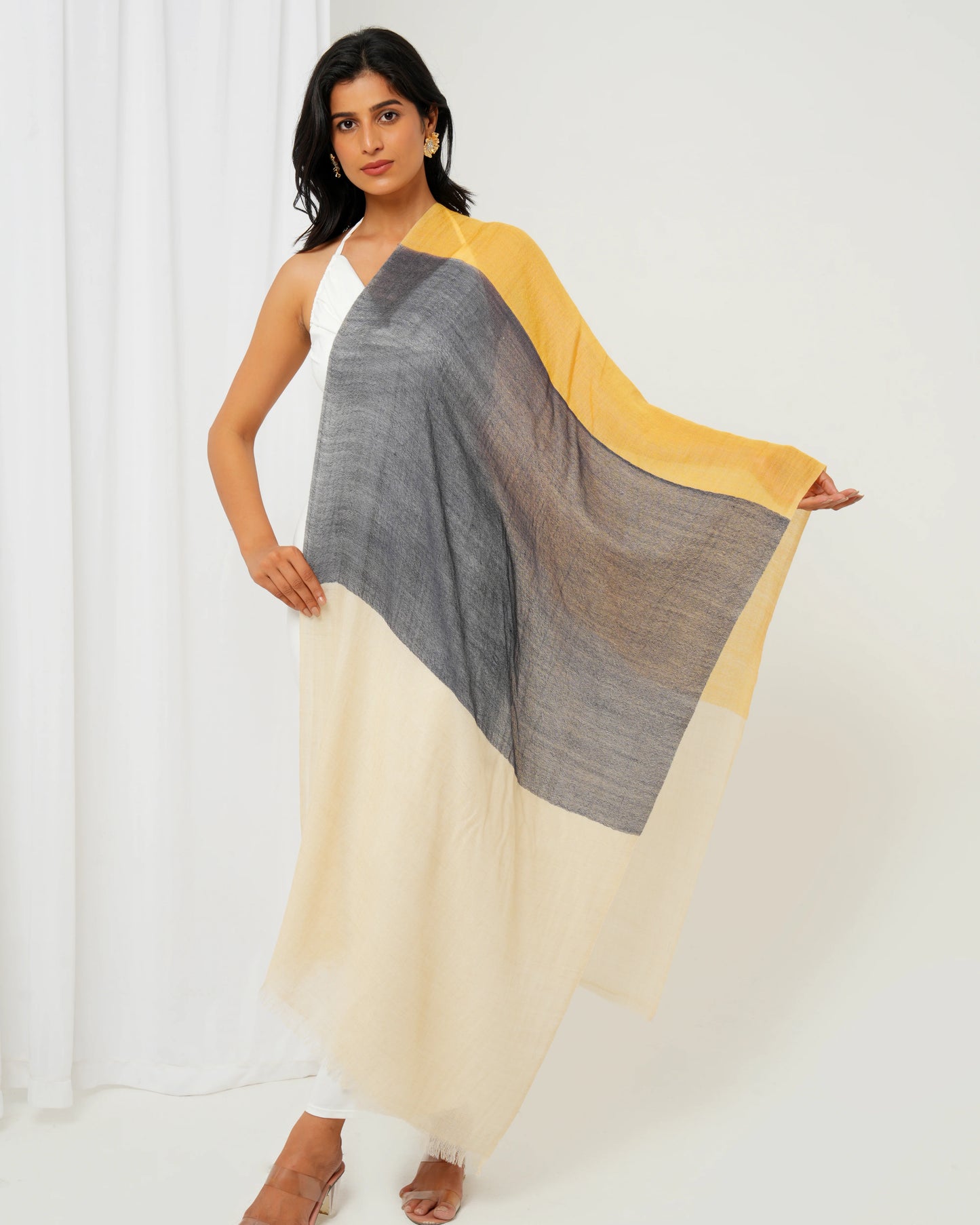 Cashmere stole with cream base, and grey and yellow highlights