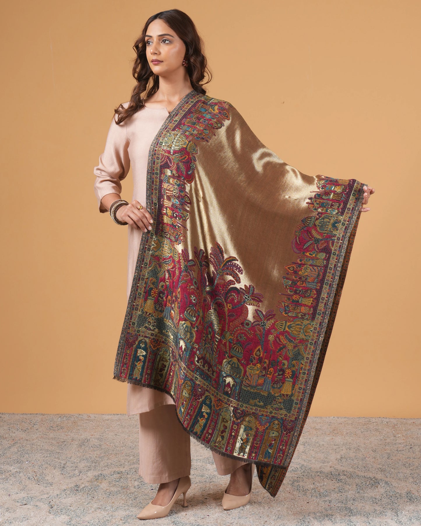 Golden Base Woollen Stole with Multicolor Pattern