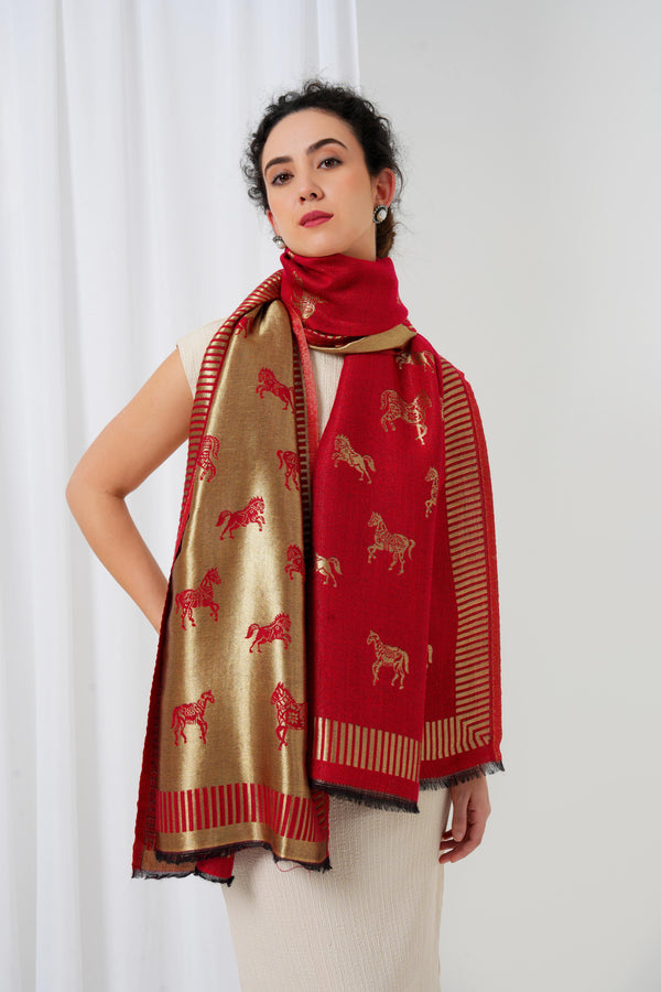 Woolen stole in gold and maroon with horse motifs