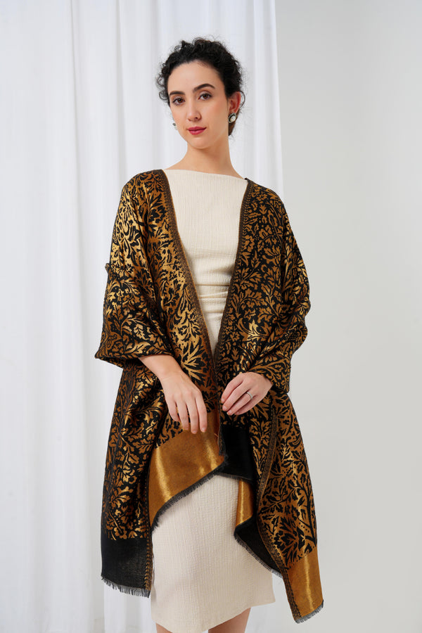 Wool stole with black base with golden design