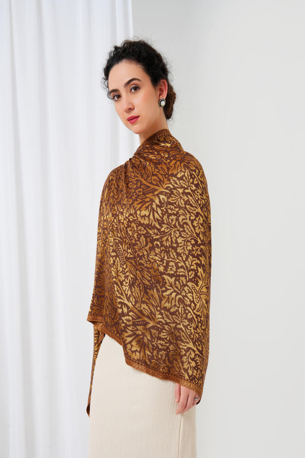 Wool stole with brown base with golden design