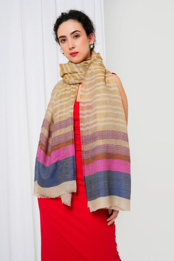 Woolen stole with cream base, and gold, pink, blue stripes
