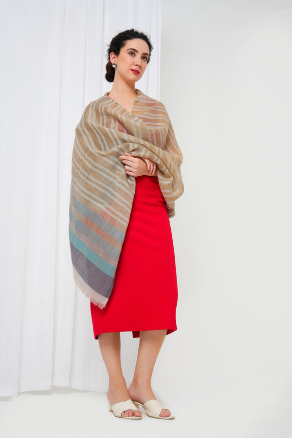 Woolen stole with cream base, and gold, navy blue and light blue stripes