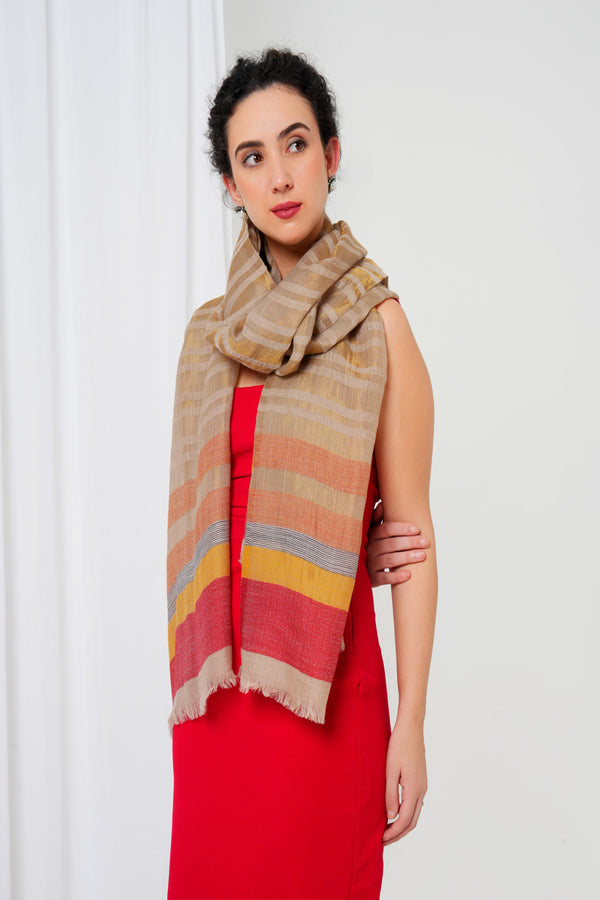 Woolen stole with cream base, and gold, orange, magenta and yellow stripes