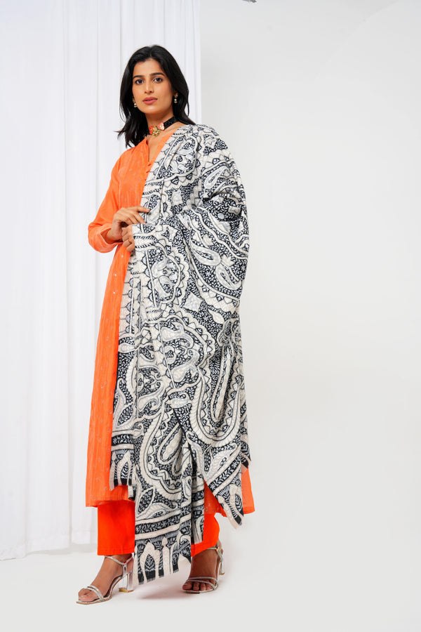 Pashmina shawl in white base and black prints