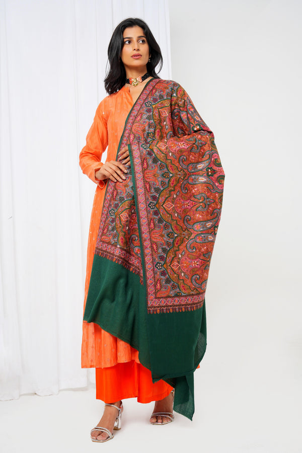 Wool shawl with green base and extravagant maroon print