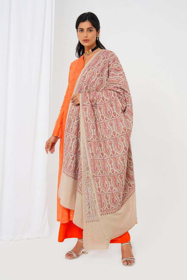 Wool shawl with cream base and magenta print