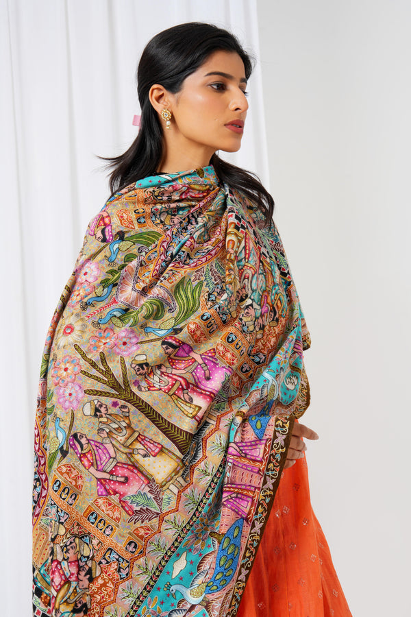 Pashmina shawl with multi-coloured extravagant print