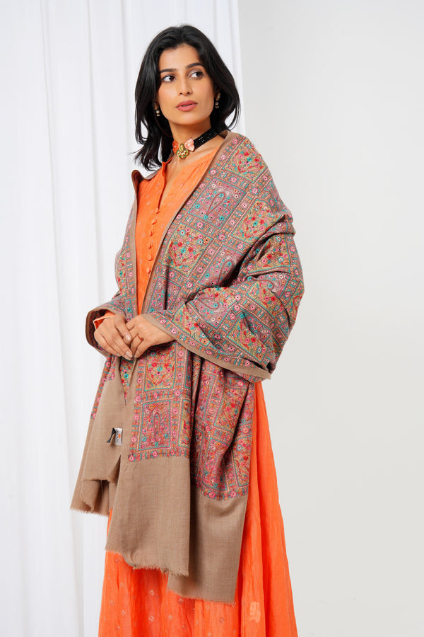 Wool shawl with brown base and full-size multi-coloured print