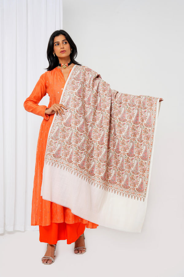 Wool shawl with white base and full-size multi-coloured print