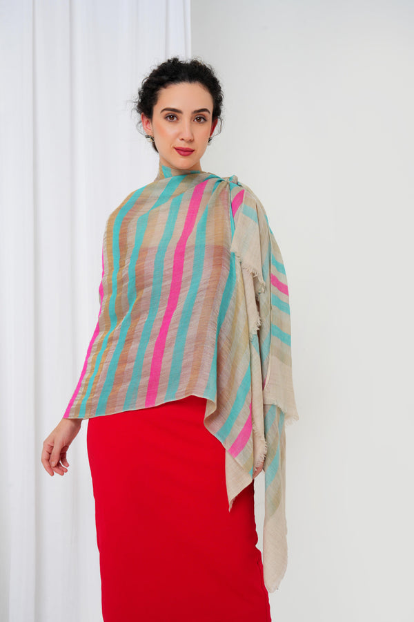 Cashmere shawl with green, pink, blue stripes