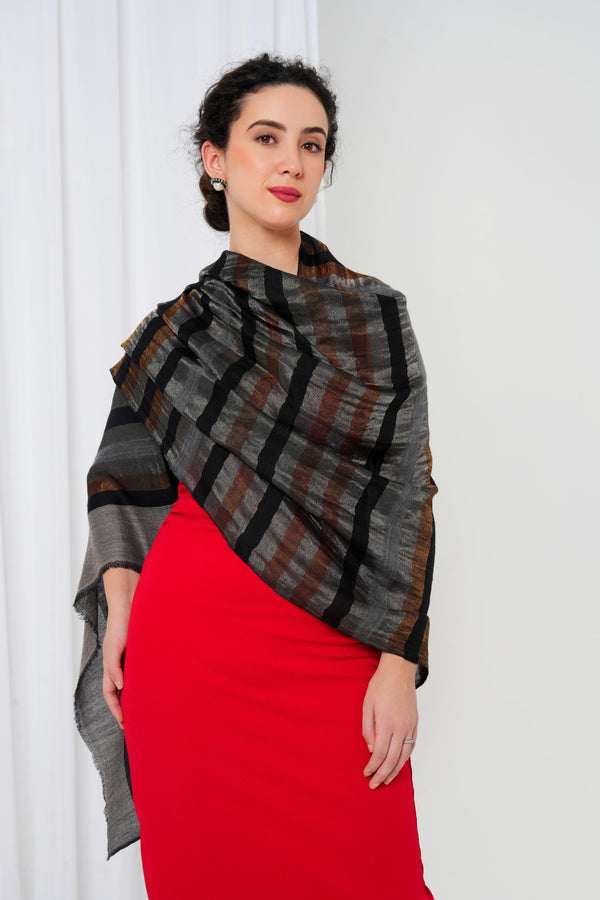 Cashmere shawl with grey base and brown and black stripes