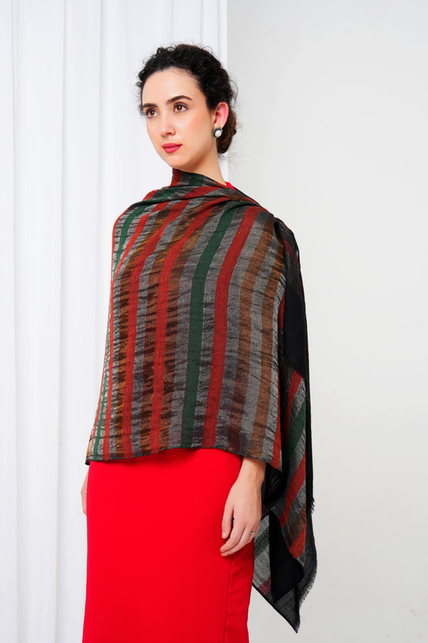 Cashmere stole with grey base and red, green and brown stripes