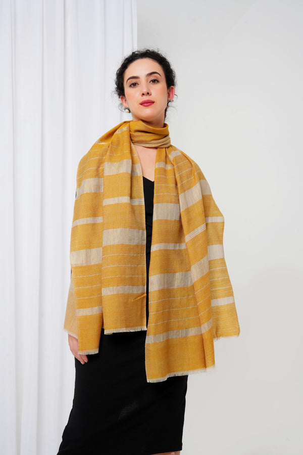 Cashmere stole in mustard colour with golden stripes