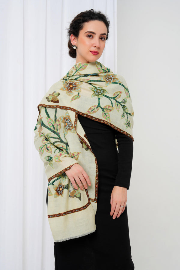 Pashmina shawl with cream base and green print