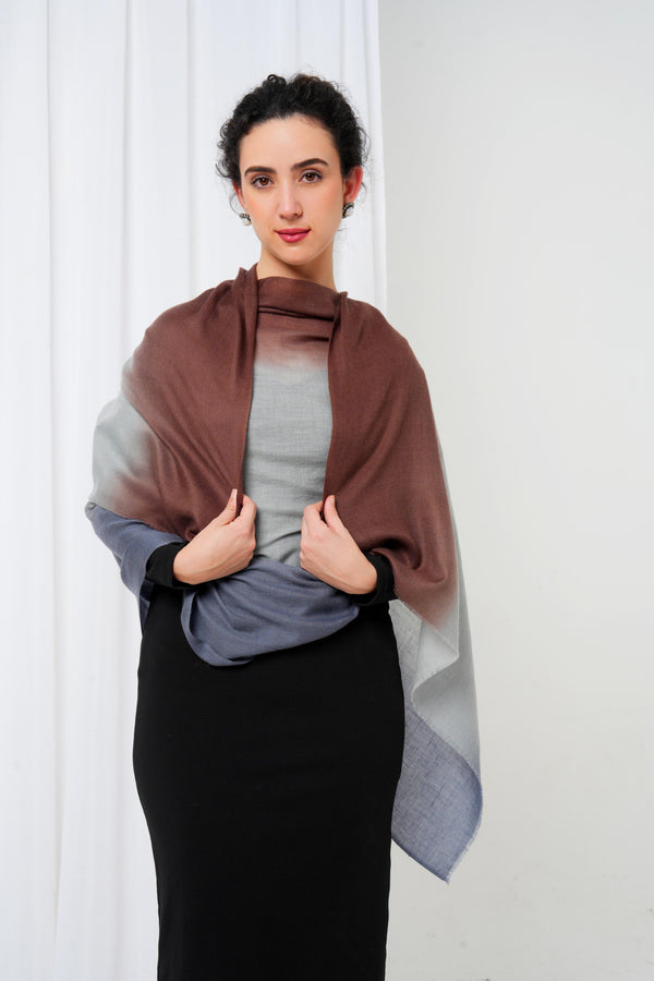 Cashmere stole with light grey base and brown and blue tie dye