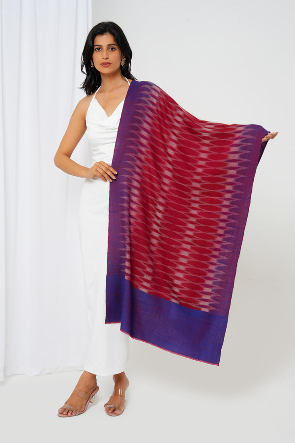 Wool shawl with maroon base with full-size diamond design