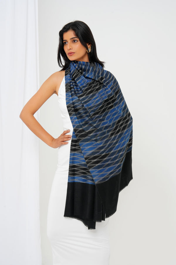 Wool shawl with black base with full-size diamond design with blue colour