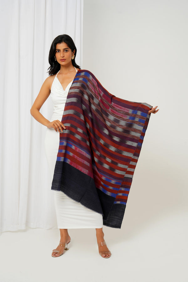 Wool shawl with black base with multi-coloured stripes
