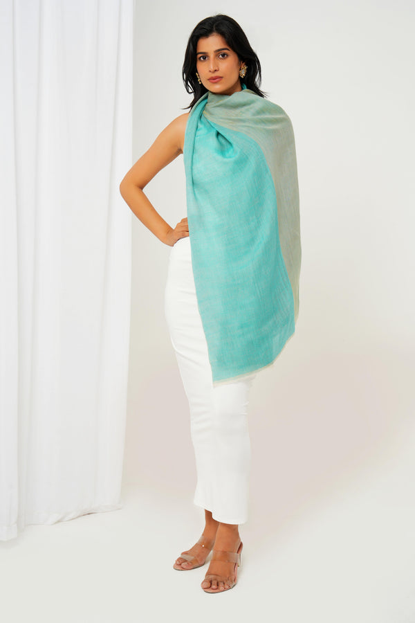 Cashmere stole with sea blue and grey-green dual tones
