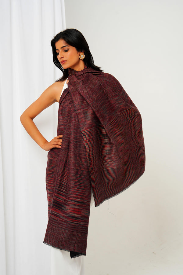 Pashmina shawl in maroon base and multi colour stripes