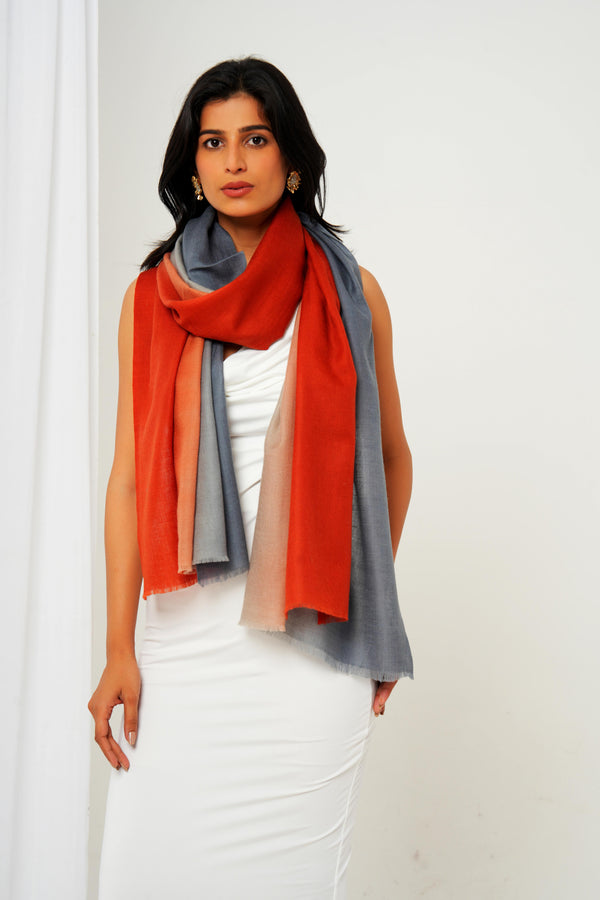 Cashmere stole in red, cream, and grey
