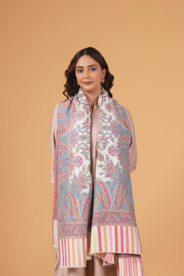 Woolen white base shawl with multi colour border