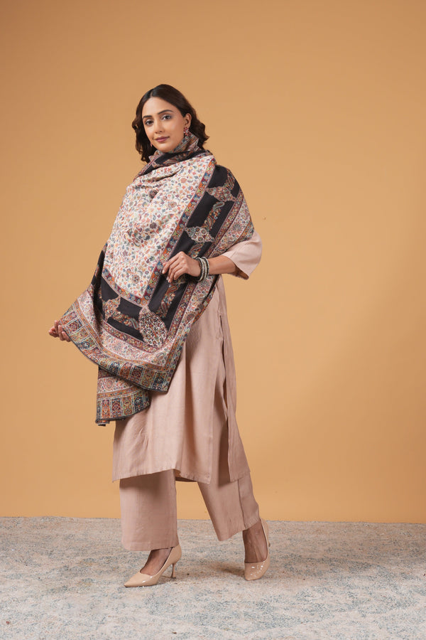 Woolen white base shawl with black border