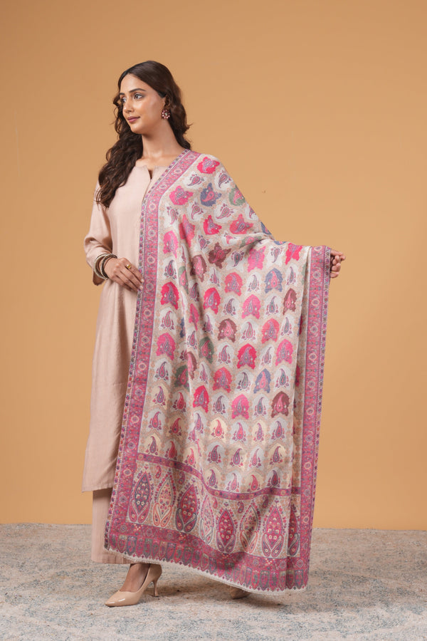 Woolen white base shawl with magenta border