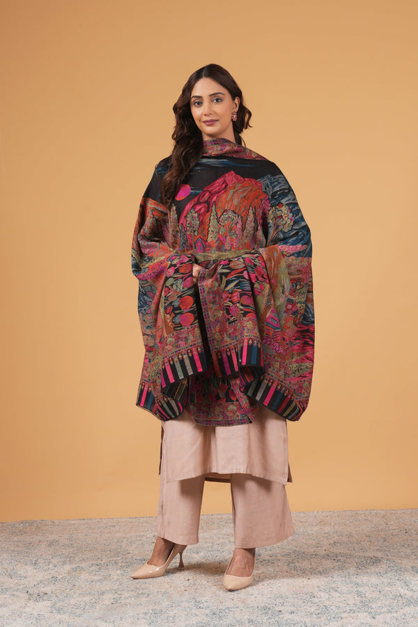 Woollen black base shawl with maroon border