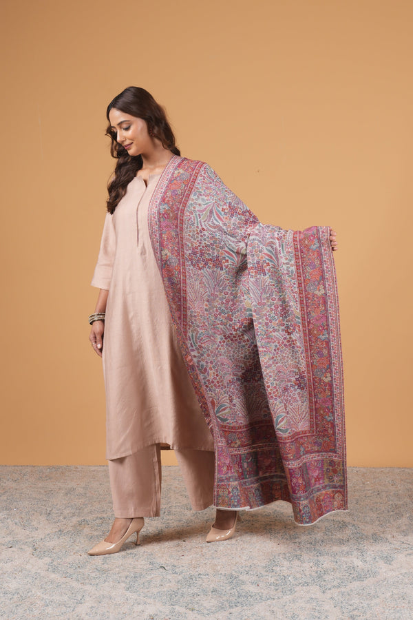 Woollen white base shawl with maroon designer border