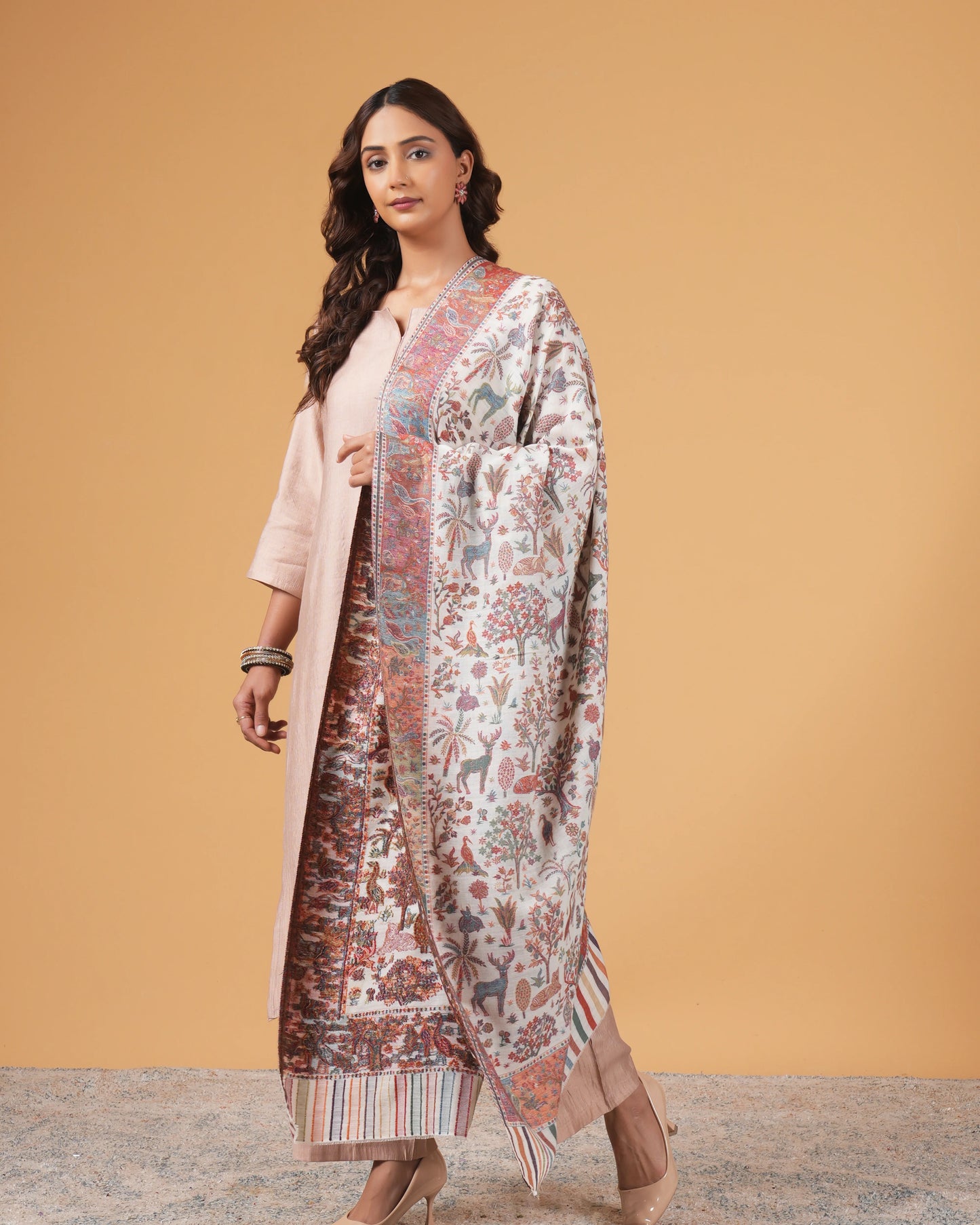 White Base Woollen Shawl with Multicolor Floral Pattern