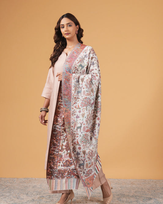 White Base Woollen Shawl with Multicolor Floral Pattern
