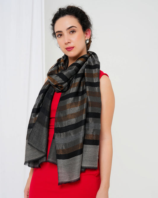 Cashmere shawl with grey base and brown and black stripes