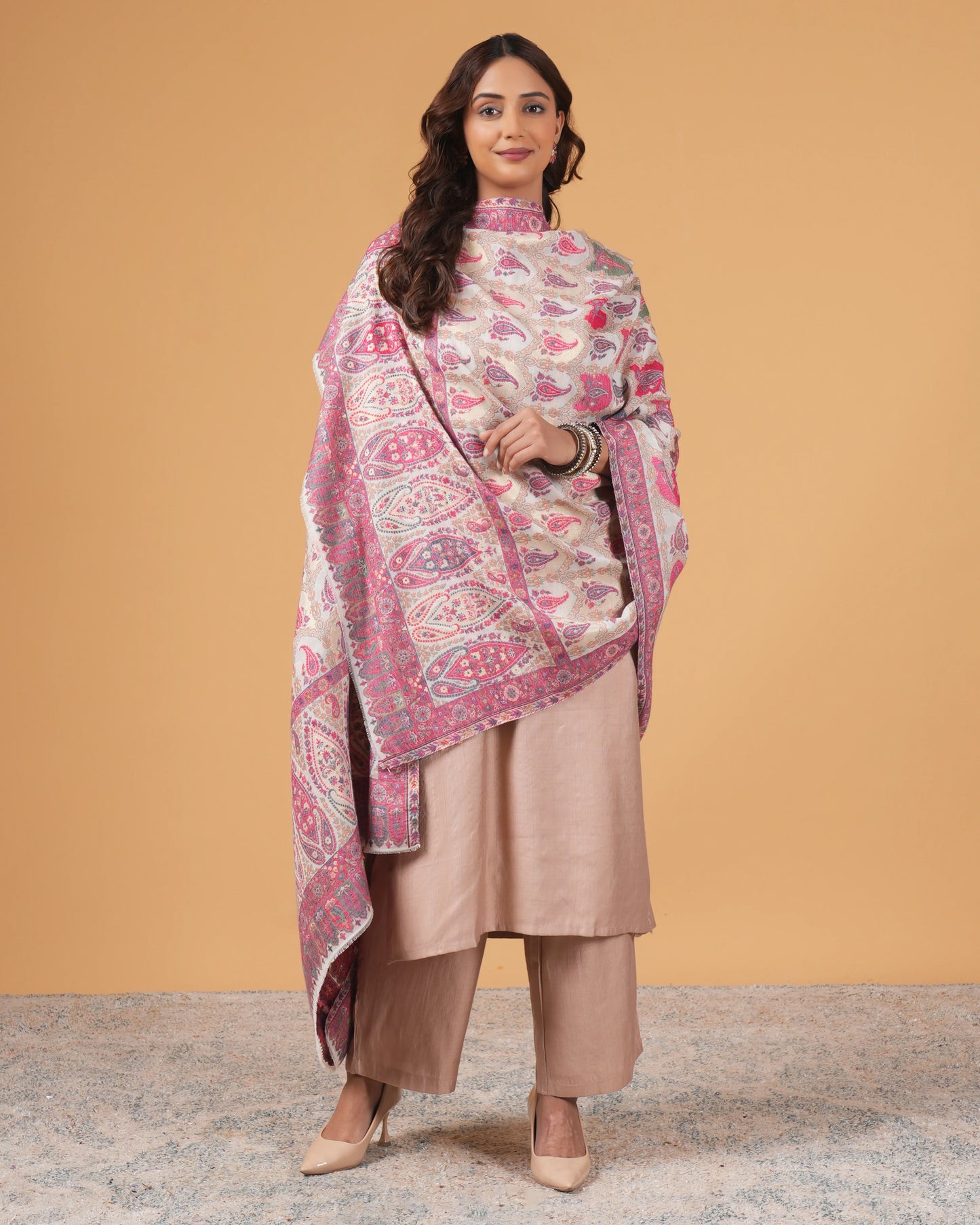 Woolen white base shawl with magenta border