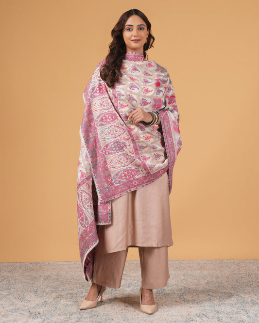 Woolen white base shawl with magenta border
