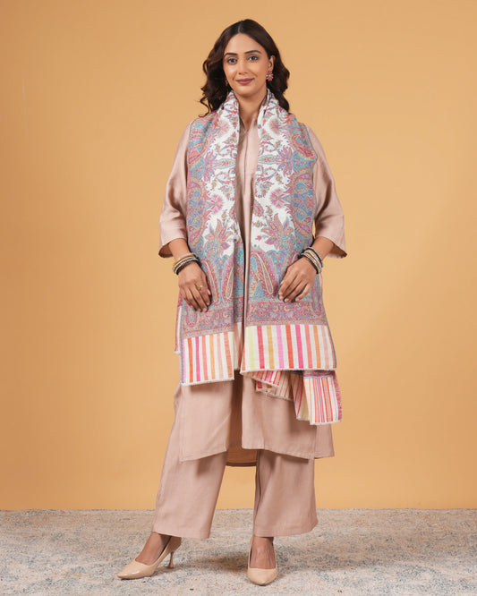 Woolen white base shawl with multi colour border