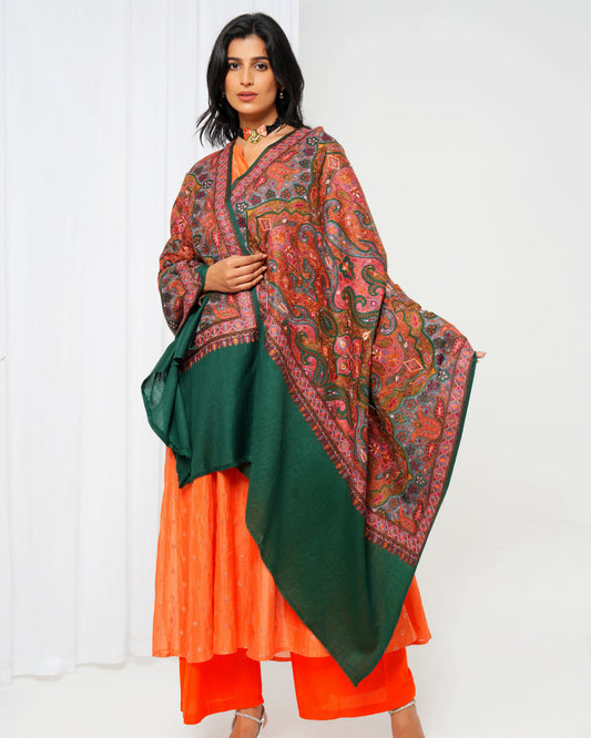 Wool shawl with green base and extravagant maroon print