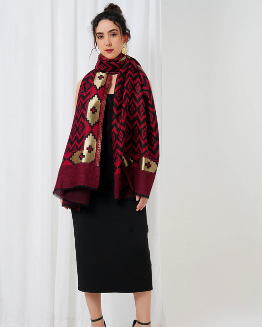 Wool stole with maroon base with black diamond design