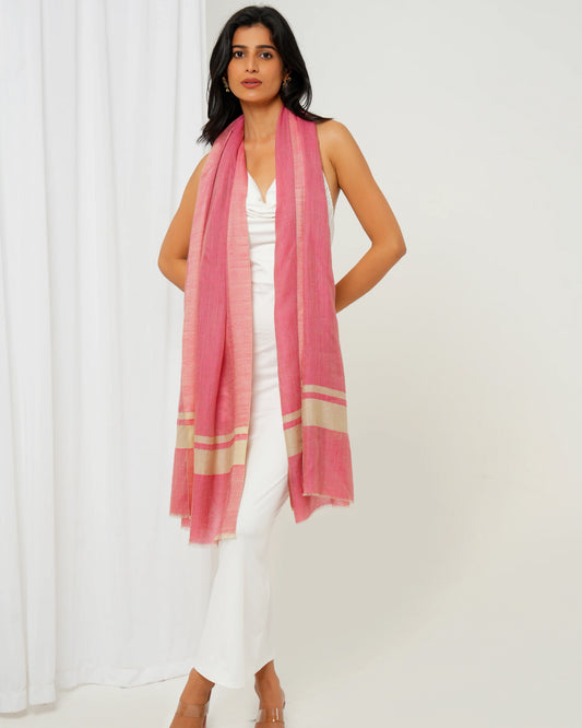 Cashmere stole in magenta with striped cream borders