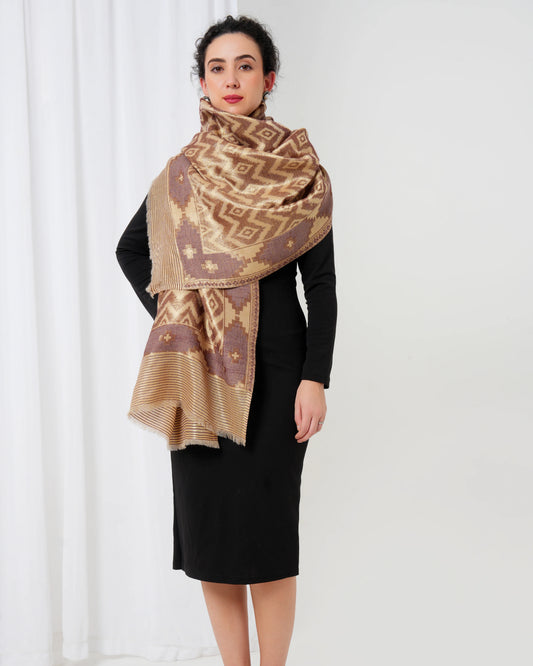 Wool stole with golden base with rust diamond design