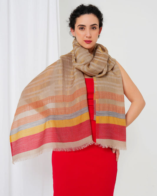 Woolen stole with cream base, and gold, orange, magenta and yellow stripes