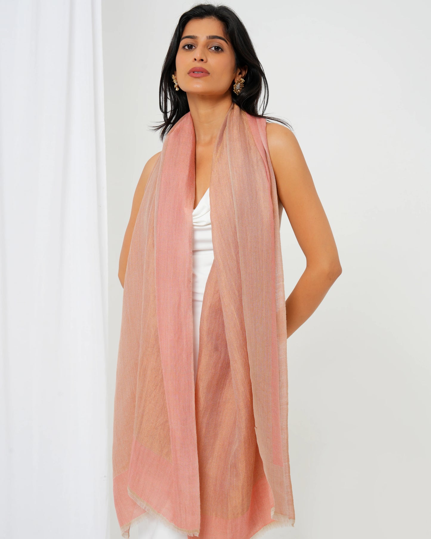 Cashmere stole in cream-rust with pink border
