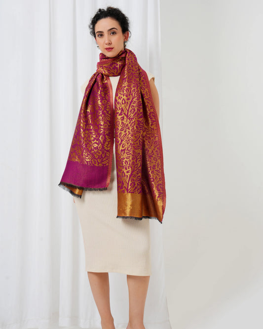 Wool stole with magenta base with golden design