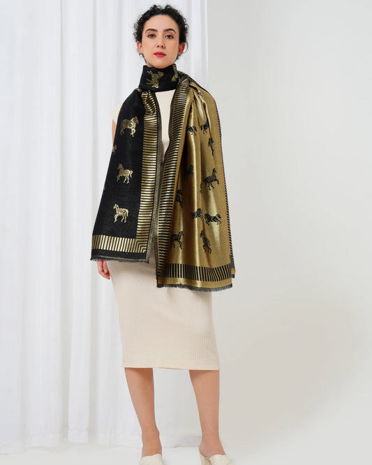 Woolen stole in gold and black with horse motifs