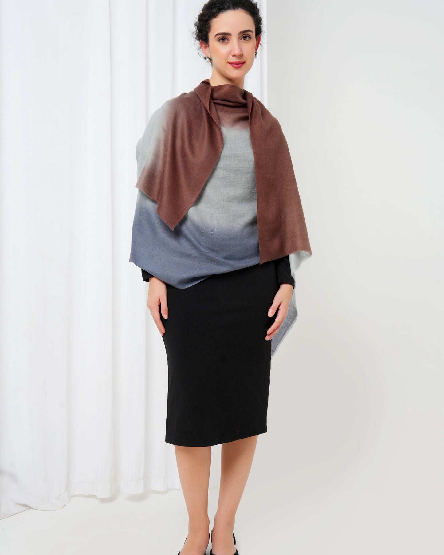 Cashmere stole with light grey base and brown and blue tie dye