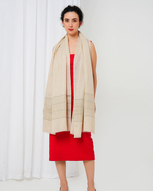 Cashmere stole in cream base with grey and gold stripes