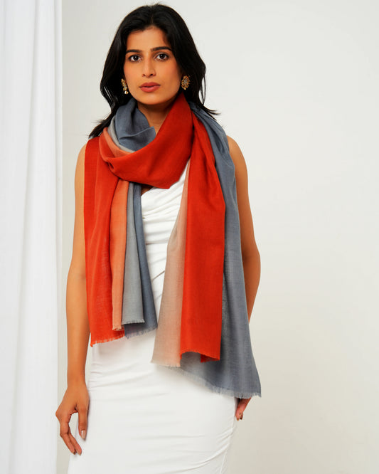 Cashmere stole in red, cream, and grey